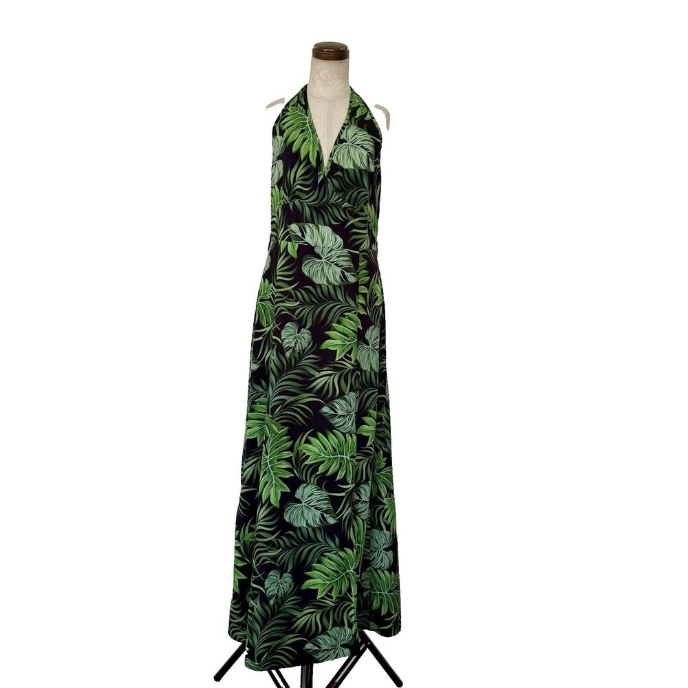 Gorman Tropical Leaf Print Maxi Halter V-Neck Dress Sz L Black/Green Side Slit